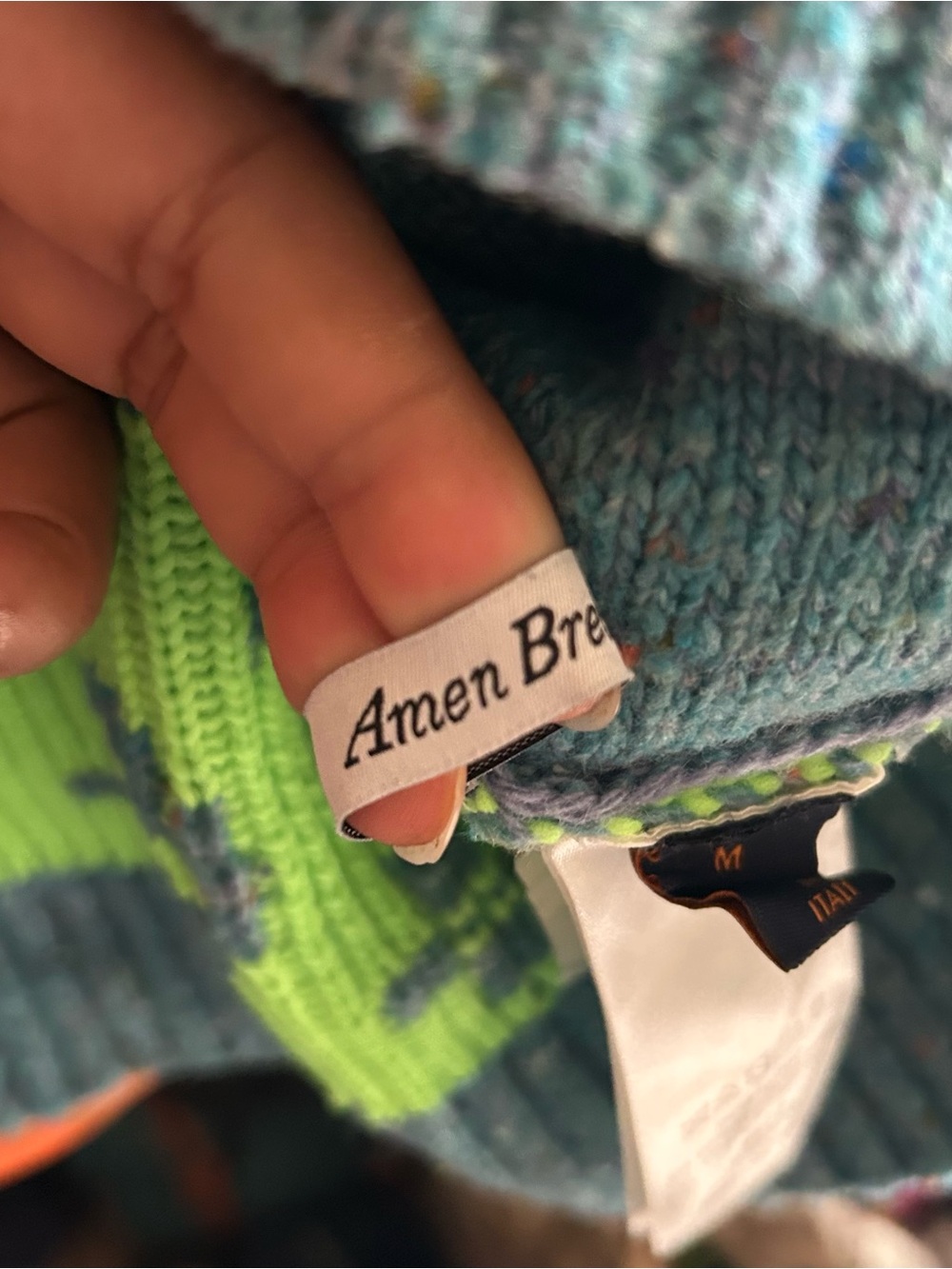 Louis Vuitton mens' neon Green & Aqua Logo Knit Cardigan Jacket - Picture 5 of 9